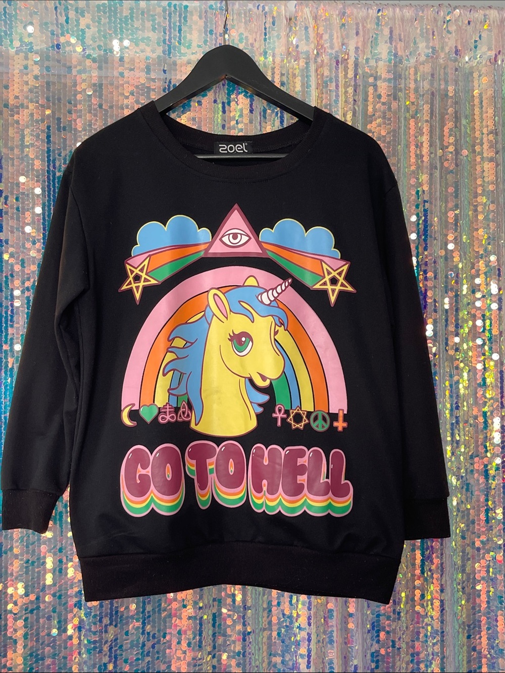 Pastel Goth Kawaii Unicorn Graphic Sweatshirt - Yellow & Rainbow “Go to Hell”